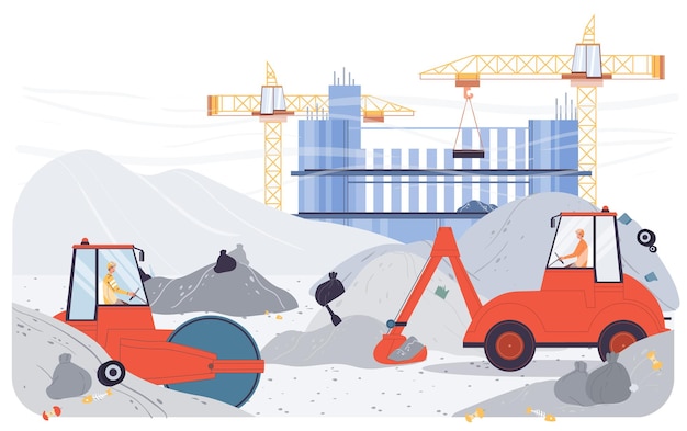 Vector platte industriële werknemer stripfiguren op vuilnis verwijdering werk. Sanitaire werknemers rijden vuilnis verwijdering machines, schoonmaken dump-recycling, energie, terugwinning van hulpbronnen, website banner concept