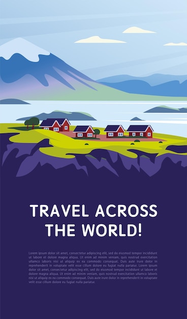 Vector platte landschap minimalistische illustratie van wilde nordic natuurweergave: lucht, bergen, water, gezellige huizen aan de zeekust. Voor reisbanner, kaart, vakantietoeristische reclame, brochure, flayer.