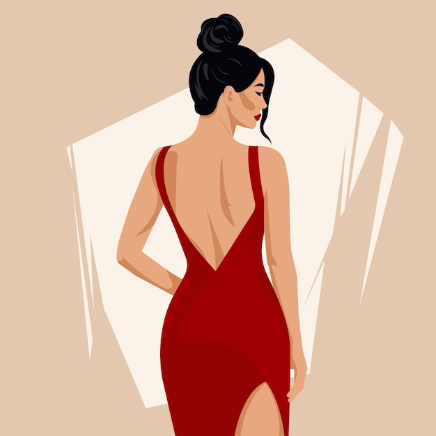 Vector vector platte mode illustratie van een jonge sexy vrouw in een elegante rode rugloze jurk