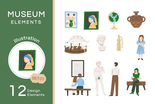 Vector vector platte museum elementen illustratie set1