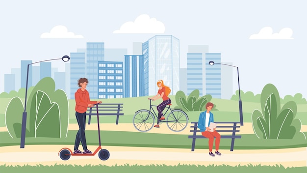 Vector platte stripfiguren tijd doorbrengen in park-guy rijden scooter, jonge man leest op bankje, gelukkig schattig meisje rijden fiets. Web online banner ontwerp, moderne stadsleven scène, sociaal verhaal concept