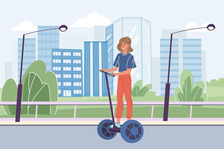 Vector platte vrouw stripfiguur rijdt segway op weg. Stijlvolle gelukkig schattig meisje gyroscooter rijden op stadsgezicht achtergrond - web online banner ontwerp, stadsleven scène, sociaal verhaal concept