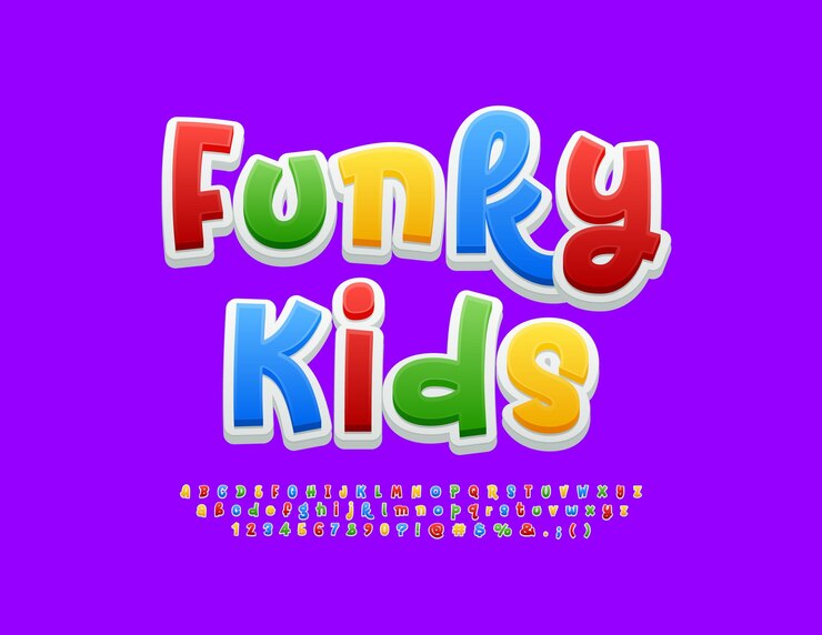 Вектор векторный игривый знак funky kids красочный забавный шрифт яркие детские 3d буквы алфавита и цифры