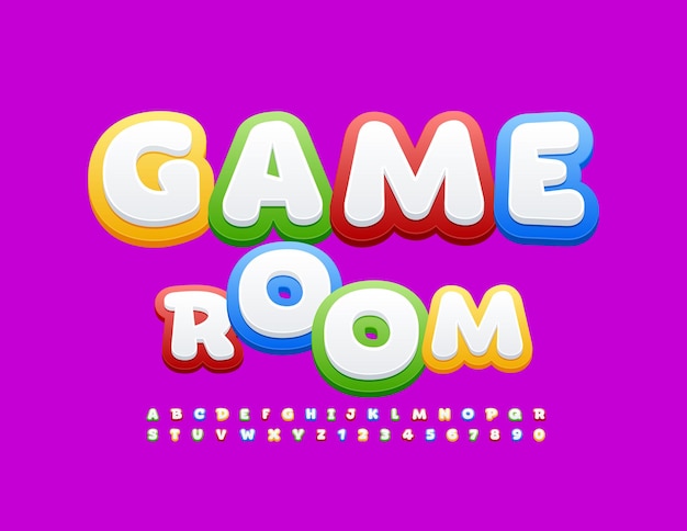Vector playful sign Game Room Bright Kids Font Colorful Alphabet Letters Numbers and Symbols set