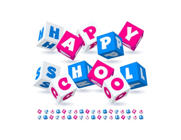 Segno giocoso vettoriale happy school kids style font cubic set carino di lettere e numeri dell'alfabeto