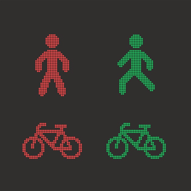 ベクトル ベクトル ポイント交通信号標識アイコン一時停止歩行者と自転車の赤と緑のダイオード ドット