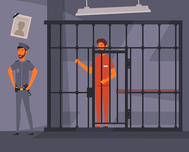 vector of police and prisoners in prison