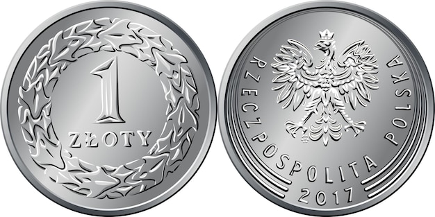 Vector polish money one zloty silver coin reverse with value and  wreath of leaves obverse eagle in ...