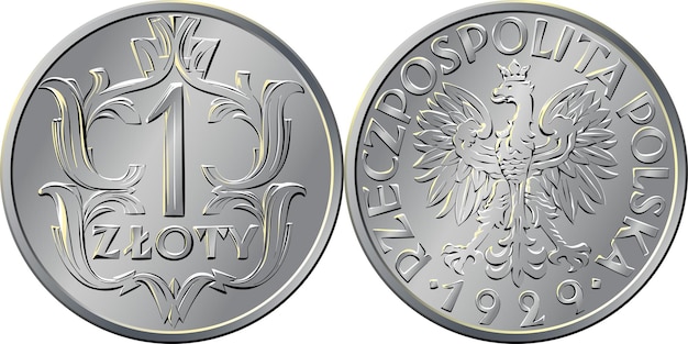 Vector polish money one zloty silver coin reverse with value and wreath of leaves obverse eagle in a