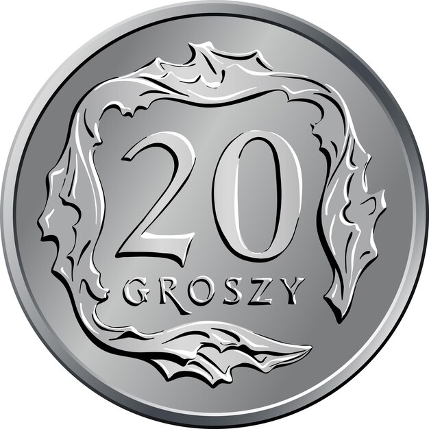 Vector vector polish money twenty groszy silver coin reverse with value and squareshaped leaves