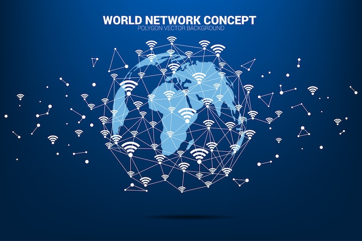 Vector vector polygon line connect mobile data and wi-fi icon signage shape the world map. 