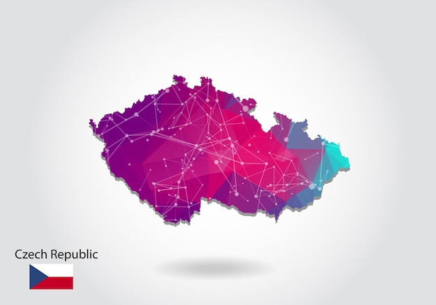 ベクトル多角形チェコ共和国の地図。低ポリデザイン。白い背景の上の三角形で作られた地図。幾何学的なしわくちゃの三角形の低ポリスタイルのグラデーショングラフィック、ラインドット、UIデザイン。