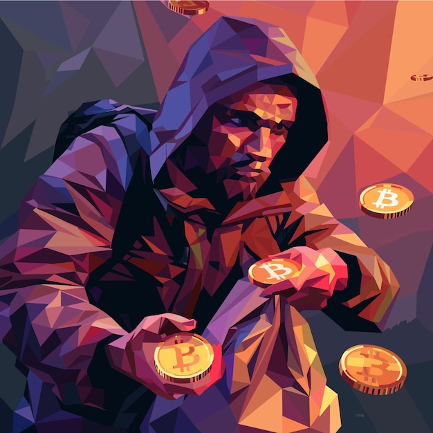 Векторная многоугольная иллюстрация хакера с золотой монетой
