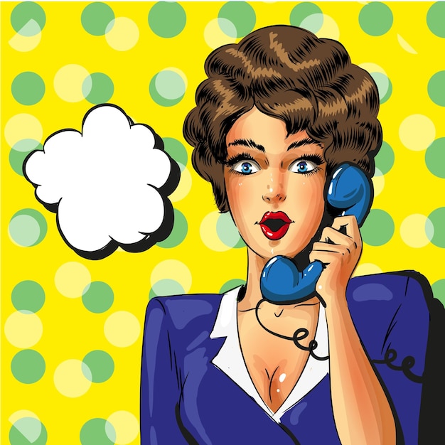 Векторный поп-арт бизнес-женщина, разговаривающая по телефону, пузырь речи, иллюстрация в стиле винтажного комикса