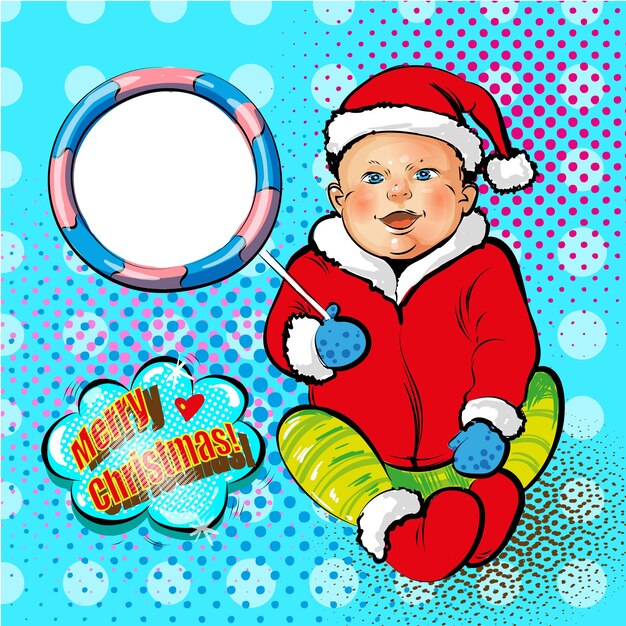 Vettore illustrazione di pop art vettoriale di un bambino sorridente in costume di babbo natale