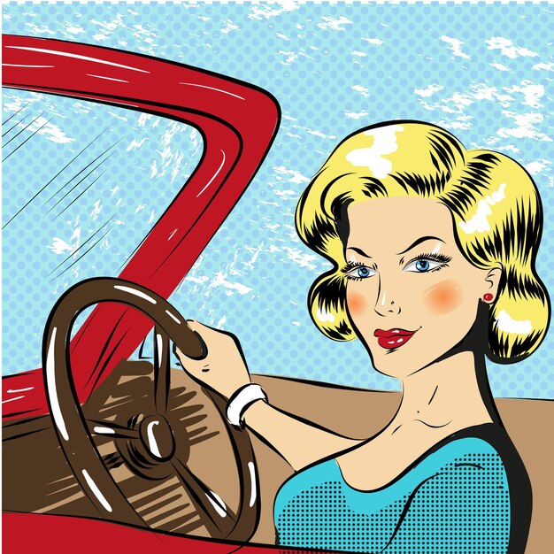 Vettore illustrazione di pop art vettoriale di una donna che guida una cabriolet rossa