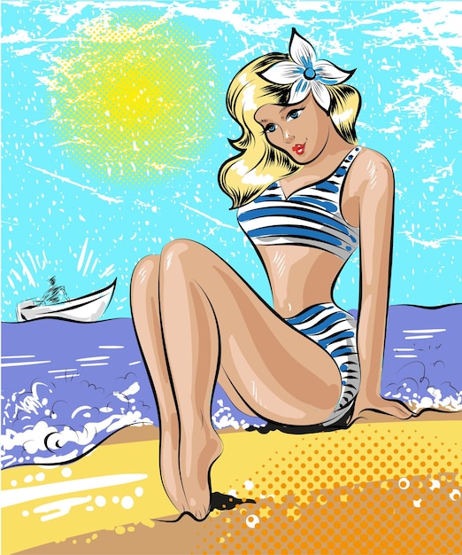 Vector pop art illustration of woman at the seaside