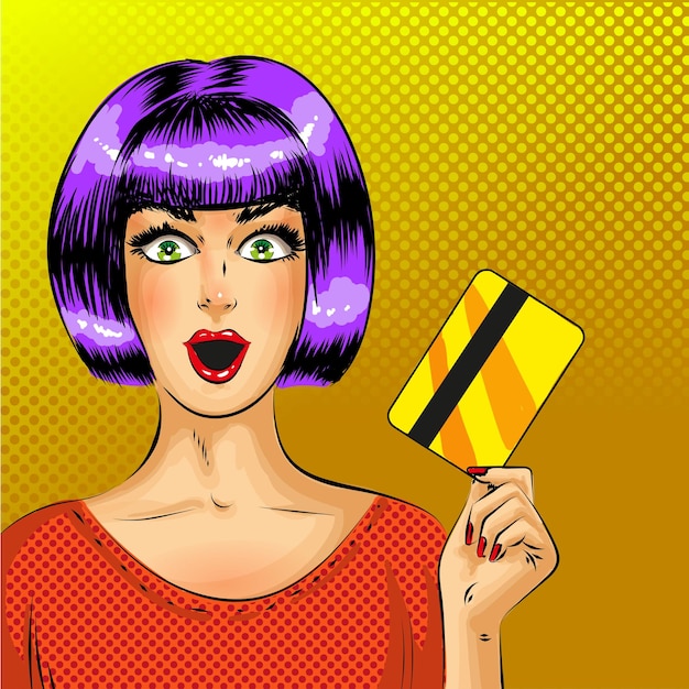 Vector pop art surprised woman with credit card comic book vintage illustration