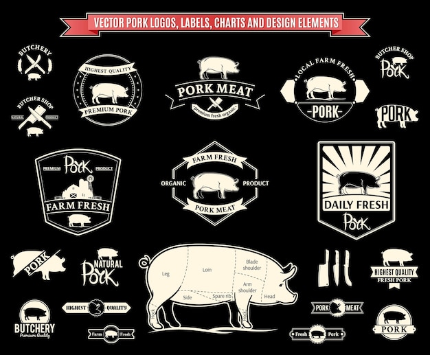 벡터 터 돼지고기 로고 라벨 차트 및 디자인 요소