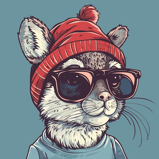 Vector vector portrait of a cute squirrel in a red hat and sunglasses