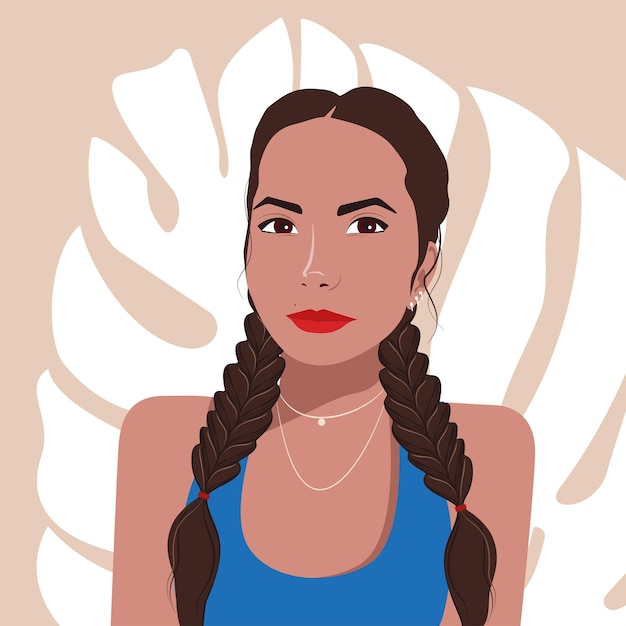 Vector vector portrait girl beautiful woman with brown hair in braids blue tshirt avatar for social network