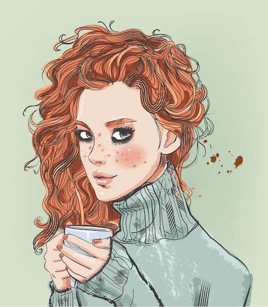 コーヒーカップと美しい若い女性のベクトルの肖像画