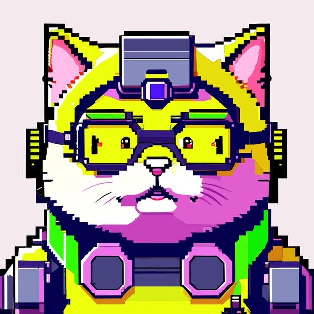 Vector vector portrait pixelated 8bit cute fat robot cat wearing glasses smiling broad shoulders