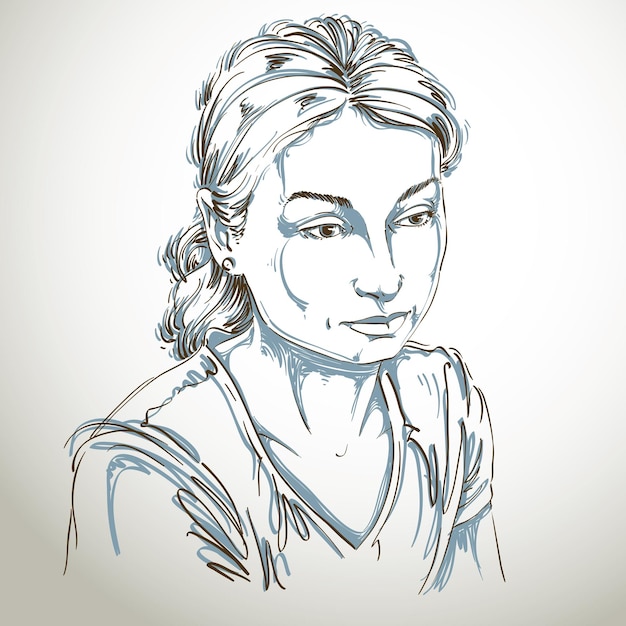 Vector portrait of sad attractive woman, illustration of good-looking sorrowful female. Person emotional face expression.
