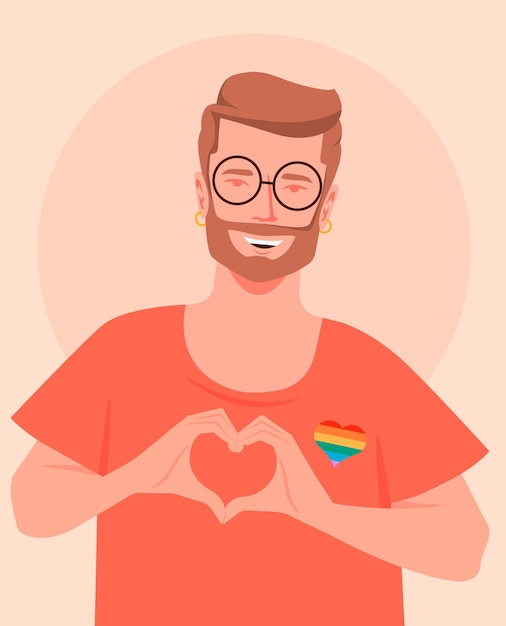 Vector portrait of a young gay caucasian man making a heart sign with fingers diversity concept.