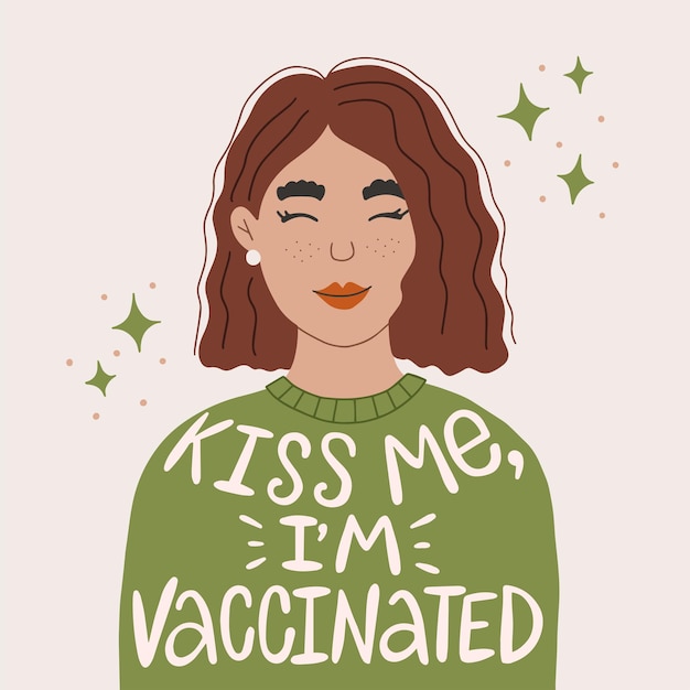 巻き毛の茶色の髪の若い女性のベクトルの肖像画緑のセーターを着ていますキスミーの手描きのレタリング私は予防接種を受けています群れ免疫を予防接種するための予防接種の時間を取得するためのコンセプト