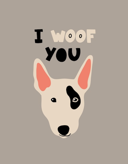 Vector portret van Bullterrier Cartoon afbeelding met hond en belettering I woof you