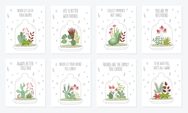 Векторная коллекция открыток с милыми комнатными растениями под стеклом Садоводство под куполом V
