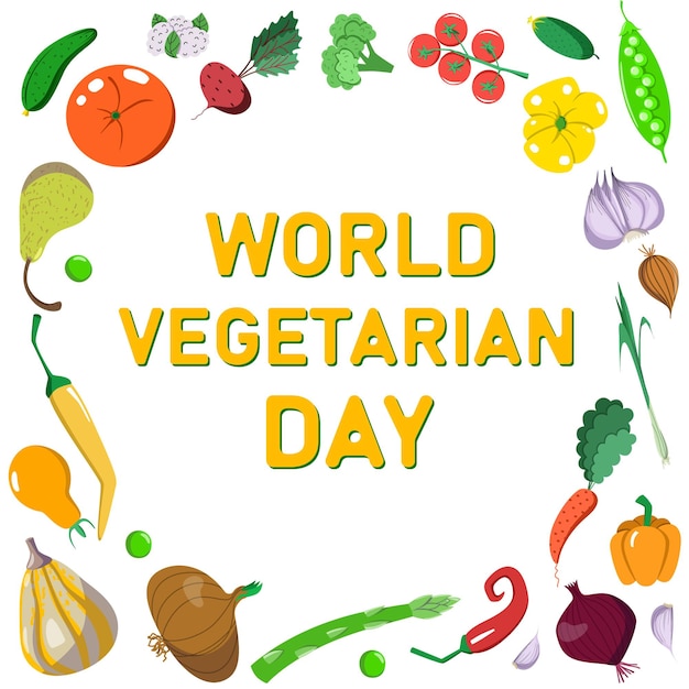 Vector postcard of the world vegetarian day in a flat style food in a circle around