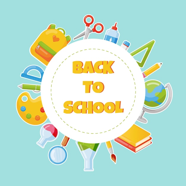 A vector poster for the beginning of school. Different school objects for studying.