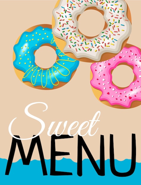 Vector poster for children's menu flyer design with donuts blue white pink cover mockup for bakery