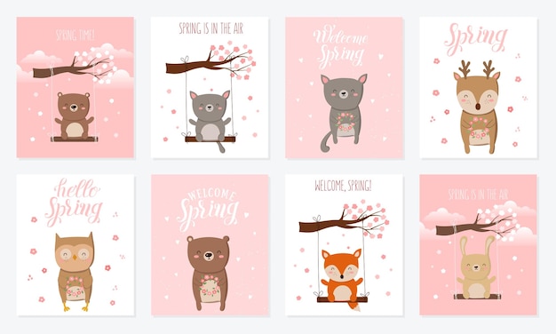 かわいい動物と春のスローガンのベクトルポスターコレクション