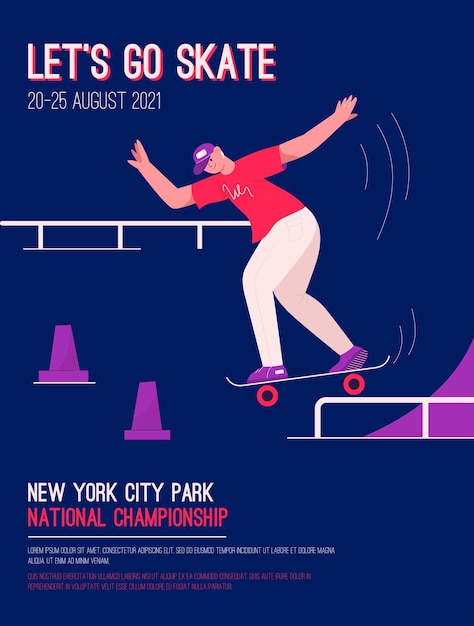 도시 공원에서 전국 선수권 대회에서 렛츠 고 스케이트 컨셉 초대 디자인의 벡터 포스터 세련된 스케이팅 스케이트보드를 타는 스케이트보드는 새로운 트릭을 수행합니다. 광고 배너의 캐릭터 그림