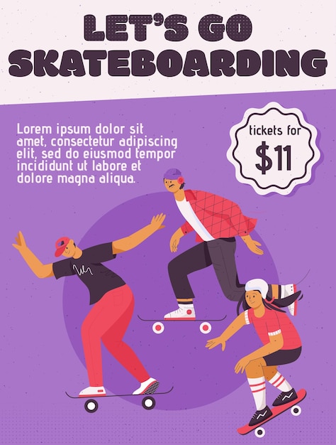 Vector poster of Let's Go Skateboarding concept People riding skateboard Guy teenagers boy and girl skater moves at city learn new tricks enjoy hobby Character illustration of advertising banner