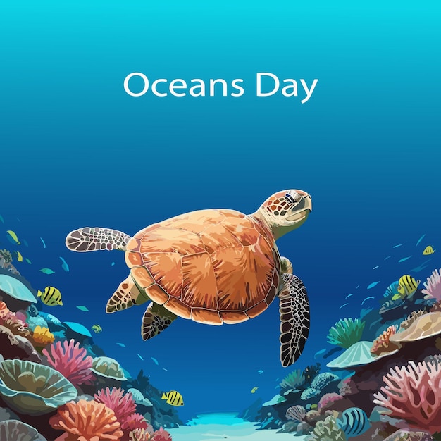 Vector vector poster for ocean day with sea turtles and corals