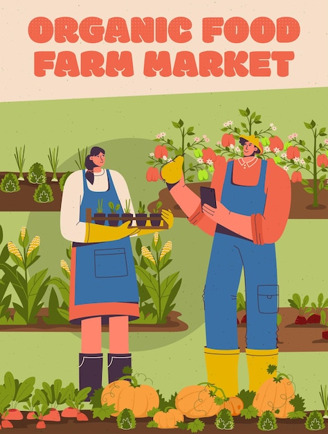 벡터 농장 시장 개념에서 유기농 식품의 벡터 포스터