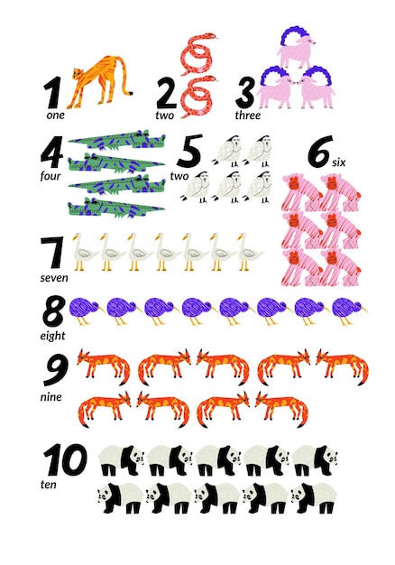 Vettore poster vettoriale o stampa con cartoni animati animali colorati e numeri da 1 a 10 i bambini in età prescolare e all'asilo imparano i numeri