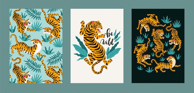 Vector poster set of tigers and tropical leaves.