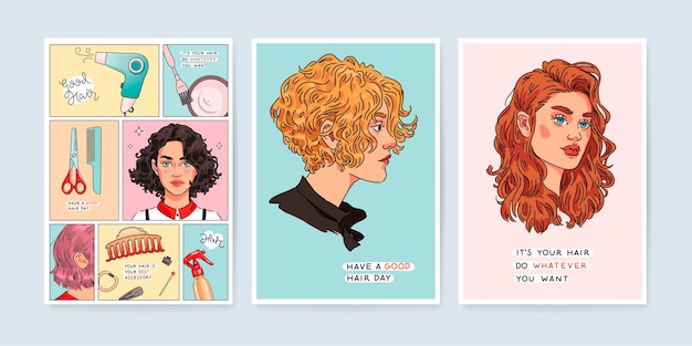 Vector vector poster set with woman portraits with hairstyle variations and hairdresser elements