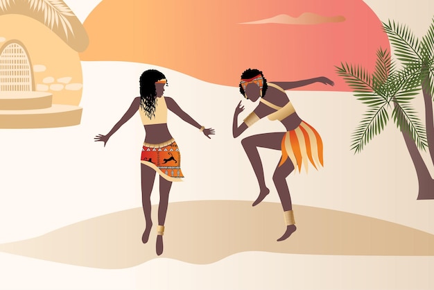 Vector poster Two beautiful African women dancing in the desert plants abstract shapes and landscape in the desert and sun Abstract posters in minimalistic style Collection of contemporary art