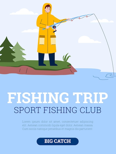 Vector poster with advertise of fishing trip sport fishing club and big catch