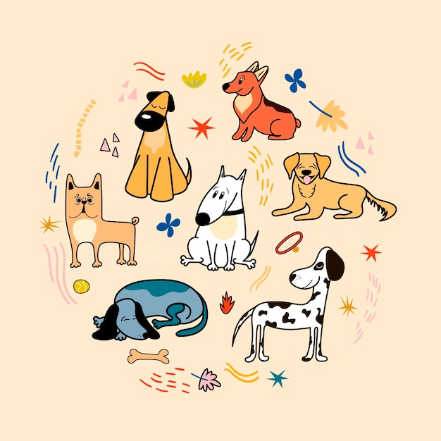 Vector vector poster with cute dogs of different breeds corgi bulldog dalmatian dachshund bull terrier