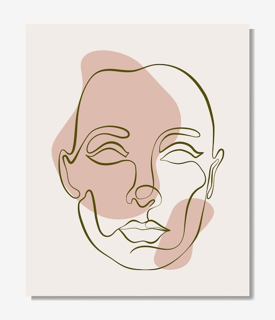 Vector vector poster with illustration of woman s line art face. modern one line drawing with blobs, pastel