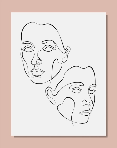Vector poster with illustration of women s line art face. Modern one line drawing with pastel colors