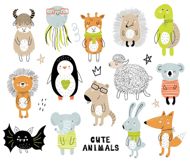 Векторный плакат с буквами алфавита с мультяшными животными для детей в скандинавском стиле. Ручной обращается графический шрифт зоопарка. Идеально подходит для дизайна открытки, этикетки, брошюры, флаера, страницы, баннера. ABC.