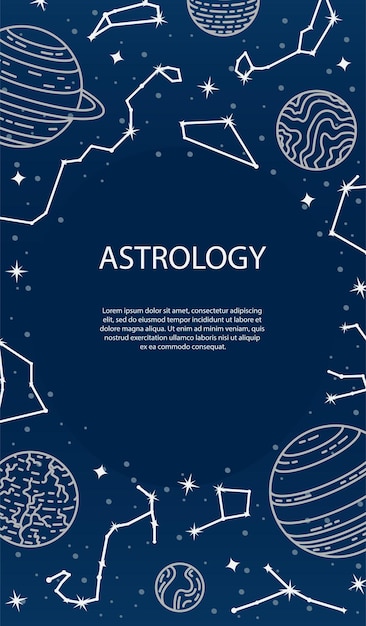 Vector poster with planets and constellations. Astrological background. A template with space for text.